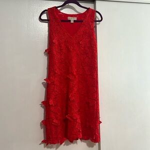 Michael Kors V Neck Red Crochet like dress with dimensional butterfly effects